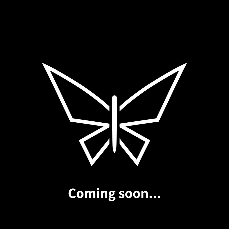 White butterfly logo on a black background with 'Coming soon...' text